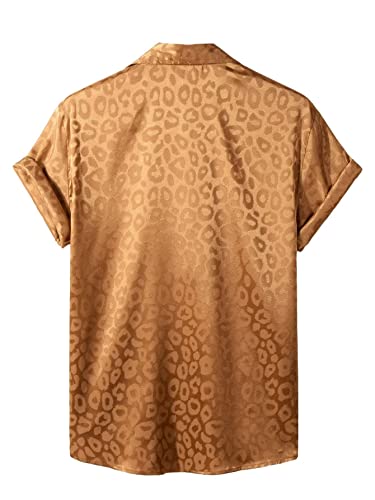 Falainetee Men's Satin Leopard Print Short Sleeve Button Down Lapel Collar Silk Shirts Top Brown Xl #TOP1