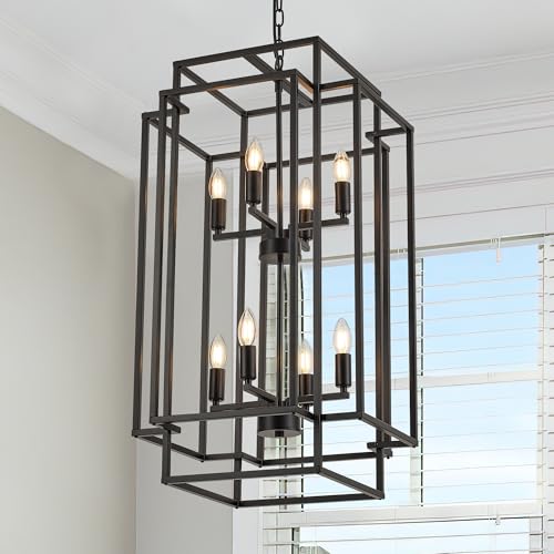 Salaiwei 8-Light Lantern Tiered Pendant Light Fixtures, Black Metal Farmhouse Chandelier Hall Foyer Hanging Chandelier for Kitchen Island Dining Room Living Room Foyer Entryway, Black
