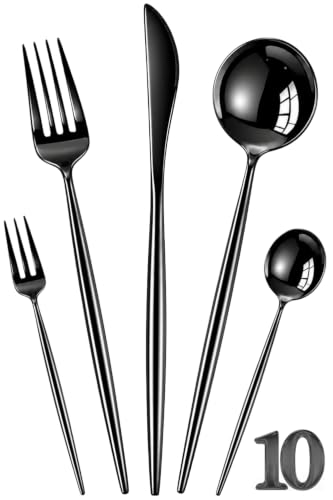 Image of Slim Handle Black 10 Pcs Stainless Steel Cutlery Set for Dining Table, Dishwasher Safe Glossy Flatware (2 Spoon Set+2 Forks Set+2 Butter Knife+2 Dessert Spoon+ 2 Fruit Fork)