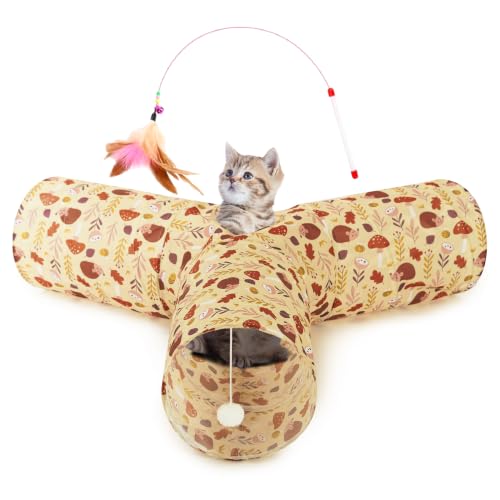 Image of Tempcore Cat Tunnel, 3-Way Collapsible Toy, Large Size Khaki Hedgehog | Large Size 3-Way Cat Tunnel Provides More Room for Cats to Run, Hide and Chase, with Peek Holes, Hanging Ball and Teaser Wand