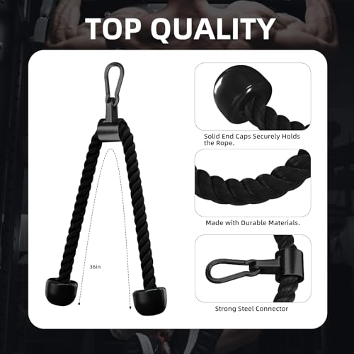 Tricep Rope Cable Attachment- 36 Inch Heavy Duty Tricep Rope for Cable Machine,Gym Rope Attachment for Tricep Pushdowns & Face Pulls,Durable Nylon Cable Rope Attachments for Home Gym & Commercial Use — view 6