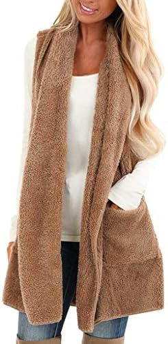Smileyth Womens Sleeveless Cardigan Faux Fur Fluffly Vintage Shaggy Open Front Solid Color Turn-Down Collar Vest Jacket Casual Long Coat with Pockets Waistcoat Outerwear