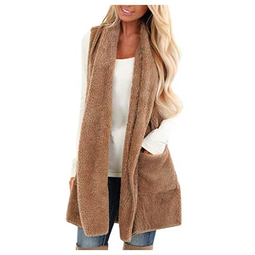 Smileyth Womens Sleeveless Cardigan Faux Fur Fluffly Vintage Shaggy Open Front Solid Color Turn-Down Collar Vest Jacket Casual Long Coat with Pockets Waistcoat Outerwear