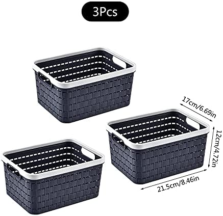 Plastic Storage Basket,3 Pcs Weave Storage Baskets storage baskets Plastic Rattan Storage Basket Set with Handles Plastic Weave Basket Desktop Storage Box for Kitchen Bathroom and Cabinet (dark gray)