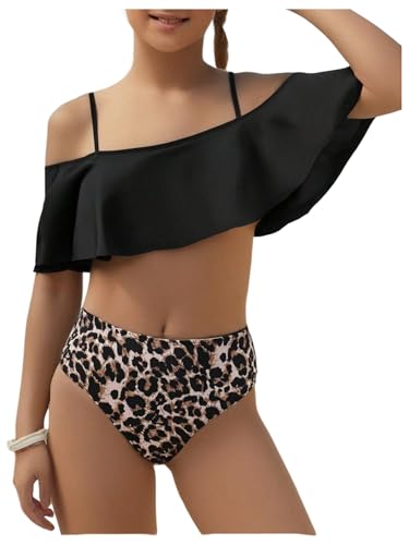 OYOANGLE Girl's Two Piece Swimsuit Cold Shoulder Ruffle Bikini Set Leopard Print Bathing Suits Swimwear