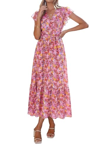 Image of PRETTYGARDEN Women's Summer Floral Boho Maxi Dress | Short Sleeve Wrap V Neck, Long Flowy Ruffle Dresses, Spring Wedding Guest Outfits for Beach Vacation, Resort Wear, Tea Party
