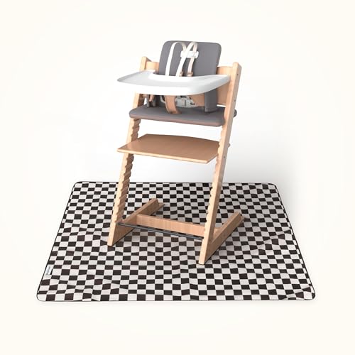 Image of Tiny Twinkle Splat Mat for Under High Chair or Table | 44" x 44" Waterproof & Mess-Proof High Chair Mat for Baby, Machine Washable for Mealtime or Art(Black Checkers)