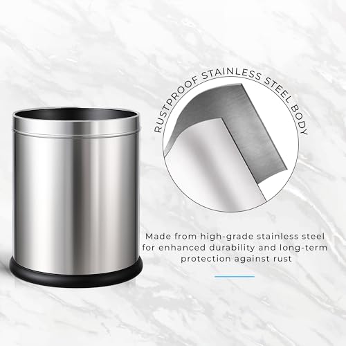 Image of Robustt Stainless Steel Open Top Dustbin - 6L | 8.2Inch (W) x 11.3Inch (H) Silver Trash Can with Anti-skid Base | For Bathroom, Bedroom, Kitchen & Toilet or Commericial Use - Pack of 1