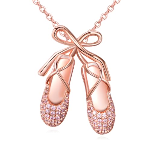 YFN Ballett Schuhe Halskette 925 Sterling Silber Ballermann Anhänger Rosa Bogen Schmuck Frauen Geschenk für Ballett Liebhaber Balletttänzerin