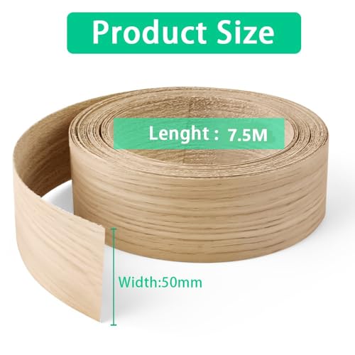 YAANBUNB 50mm Wood Veneer Strip 7.5m Oak Veneer Edging Tape Pre-glued Veneer Roll Preglued Hot Melt Adhesive Iron On Edge Banding for Desk Wardrobe Cabinet Door Frame Furniture Restoration,Wood Color