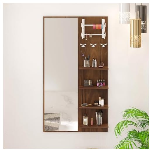 BLUEWUD Freddie Engineered Wood Wall Mount/Floor Standing Dressing Table Organizer Makeup Vanity with Mirror Storage Shelves, Bangle Holder & Hooks for Bedroom Home Furniture (Wenge)