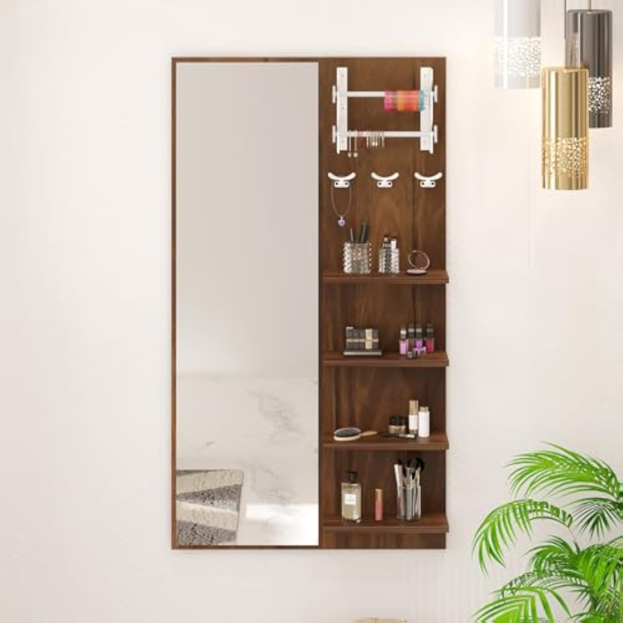 Engineered Wood Wall Mount Dressing Table Organizer with Mirror