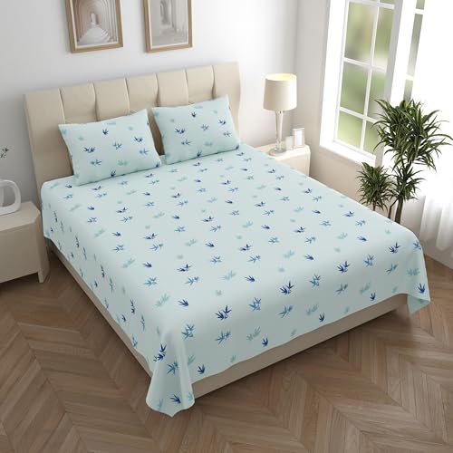 LINENWALAS 100% Cotton Bed Sheet for Single Size Bed, Printed Single Bedsheet (60 x 90 Inches) with 1 Pillow Covers | 210 TC Soft, Breathable, Luxury Bedsheet (Blue Leaf)