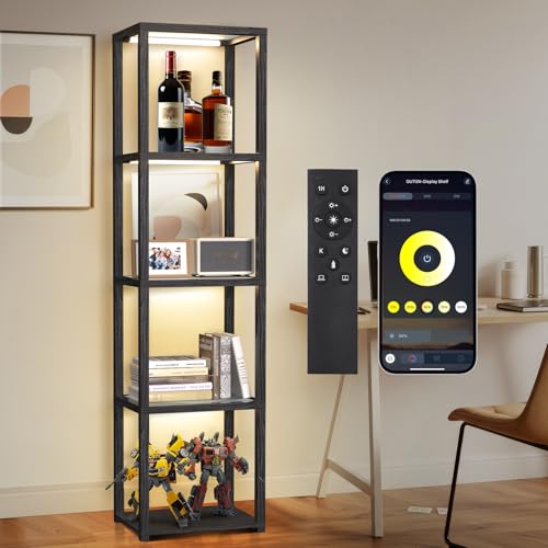 OUTON 170 cm Vitrine en Verre avec Éclairage, Lampadaire LED à Intensité Réglable avec Télécommande et Application, Étagère Ouverte pour Objets de Collection, Salon, Chambre, Noir
