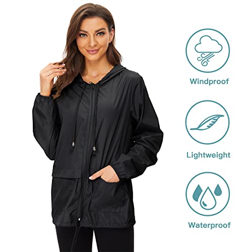 Plus Size Rain Jackets Women Waterproof Packable Active Outdoor Jacket Hooded Lightweight Raincoat Black X-Large #TOP4