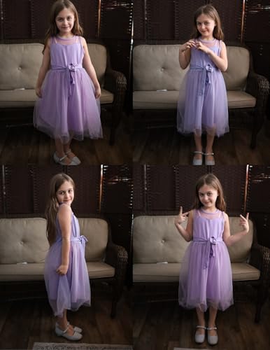 Image of Arshiner Girls Dresses Formal Party Wedding Tulle Sleeveless Contrast Mesh High Low Dress with Belt