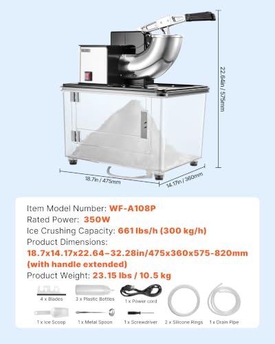 Image of VEVOR Commercial Ice Crusher 661LBS /H, 350W Electric Snow Cone Machine with 4 Blades, 2000RPM Stainless Steel Shaved Ice Machine with 11 Gal Crushed-Ice Box, for Family Restaurants Bars, Black