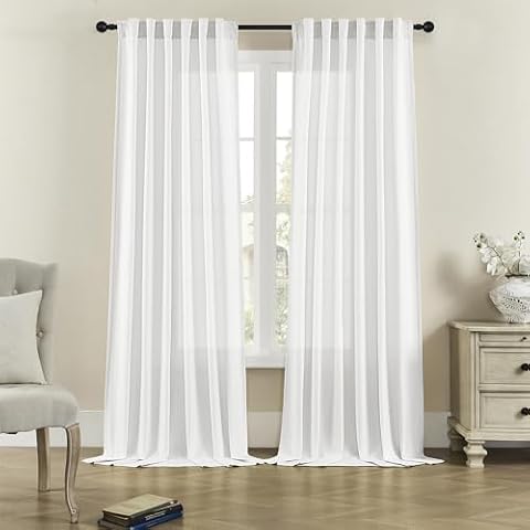 DONREN White Semi Sheer Curtains Linen Blend, Rod Pocket and Back Tab Linen Textured Semi Voile for Bedroom and Living Room, Light Filtering Privacy Window Treatments, W50 x L108, White, 2 Panels Cover
