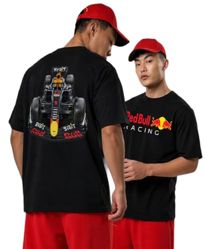 Image of Khakey Men's F1 Racing Graphic Printed Black T-Shirt | Formula 1 Back Print Drop Shoulder Tee | Motorsports Car Print Tshirt for Men & Women | Cotton Streetwear Tee's | Unisex Fit