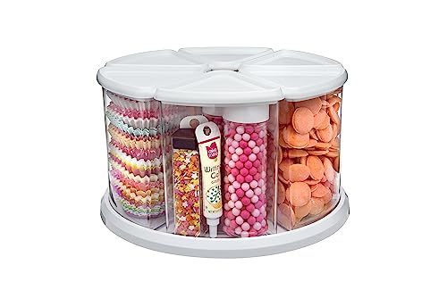 Deflecto Rotating Carousel Craft Storage Organizer, 360 Spin, 6-Canister Configuration, Clear, White Lids, 11 1/8"W x 6 5/8"H x 11 1/8"D (3900CR)