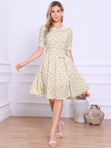 Image of Allegra K Women's Vintage Peter Pan Collar High Waist Flowy Midi Puff Sleeve Floral Dress