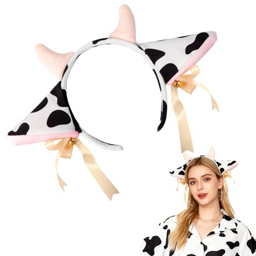 Image of Cow Ears and Horns Headband, Cow Headband with Bells, Plush Animal Headbands for Women and Men Christmas Animal Theme Cosplay Birthday Party