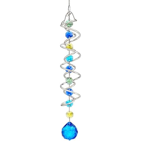 H&D HYALINE & DORA 17.7inch Gazing Ball Spiral Tail,Decorative Wind Spinner Sun Catcher,Rainbow Maker Double-Spiral W/Sea Blue Crystal Ball and Chain,Glass Crystals for Indoor Outdoor Decoration Cover