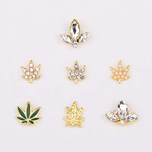 30pcs Gold 3D Nail Art Decorations 7 Deisgns Hemp Leaf Rhinestones Pearl Beads Maple Leaves Jewels Diamond Charms Assorted for Nails