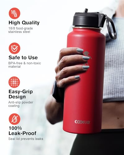Image of Coolflask 40 oz Water Bottle Insulated with Straw & 3 Leakproof Lids