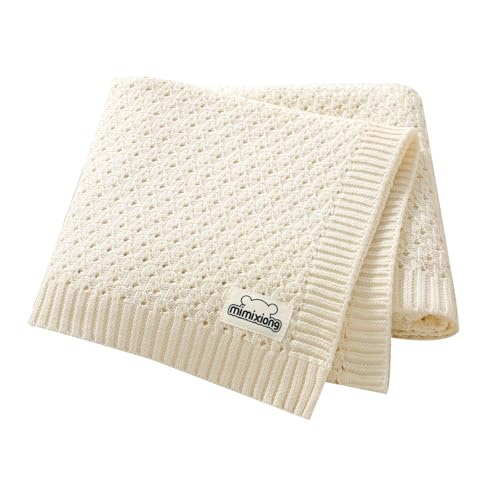 mimixiong 100% Cotton Knitted Cellular Baby Blanket for Boy Girls (Baby White)
