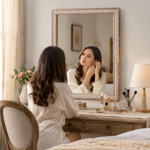 Image of Wooden Bathroom Wall Mirror, 36x24x1.25 inch Solid Wooden frame, White Antique | Rustic Solid Wood Vanity Mirror, Farmhouse Decorative Mirror for Home, Vertical & Horizontal Hanging, Wood Finish