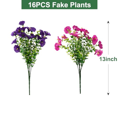 Image of Artificial Flowers for Outdoors, UV Resistant Fake Silk Morning Glory, Realistic Faux Plants for Outside Porch Patio Window Box Hanging Planter (16, Purple Fuchsia)