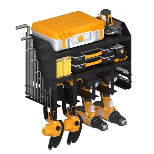 Power Cordless Tool Organizer Wall Mount 3-Tier Heavy Duty Garage Tool Storage Rack with 4 Drill Holders, Metal Wall Mounted Tool Shelf for Workshop, Garage Organization (Black, Size 1)