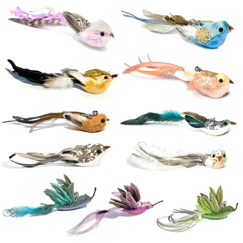 ZAYLUMO Jouets à Plumes Chat - 11 Têtes de Rechange pour Canne à Pêche - Jouets Chat Plumes Naturelles Oiseaux avec Grelots - Accessoires Jouets Chat...