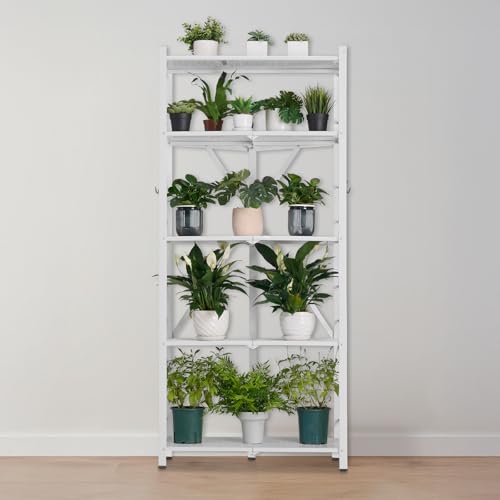 Image of VEVOR 5-Tier Foldable Storage Shelf, 28 W x 15D x 64H Inch Folding Metal Rack Shelving Unit, No Assembly Organizer Shelf with 5 Wheels & 4 Hooks for Pantry, Kitchen, Garage, Basement, White