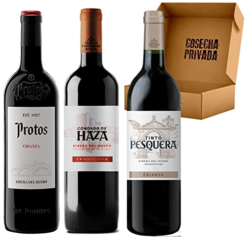 Pack Regalo Vino Ribera del Duero Gourmet 3 botellas. Envio 24h - 1 Protos Crianza, 1 Pesquera Crianza y 1 Condado de Haza Crianza. Seleccionado y Enviado por Cosecha Privada
