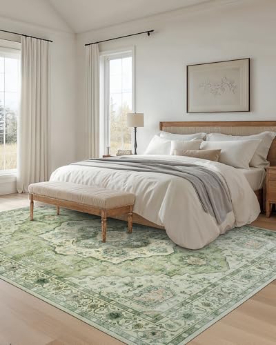 AMADA HOMEFURNISHING 8x10 Area Rug, Washable Low-Profile Large Area Rug with Non-Slip Backing & Durable Edge Binding, Vintage Large Rugs for Living Room, Bedroom