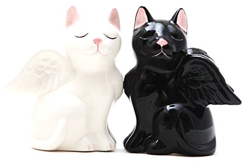Set salière et poivrière chat ange noir et blanc en céramique d'art