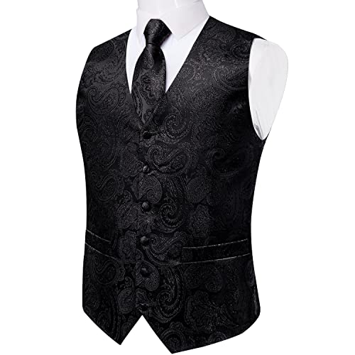 Image of DiBanGu Mens Vest and Tie Set Formal Paisley Waistcoat and Necktie Pocket Square Cufflinks Silk Suit Vest for Tuxedo Wedding