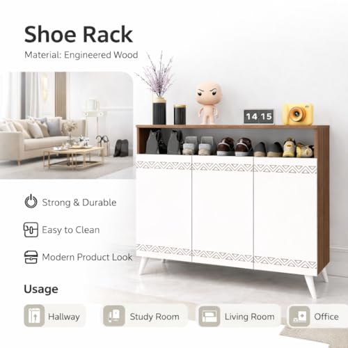 Image of Spyder Craft Engineered Wood Shoe Rack with Door Multi-Layer Storage Organizer Shelf Free Standing Stand Entryway Rack Cabinets (Wood Brown & White /120 x 96 x 35 cm), DIY(Do-It-Yourself) (SL1)