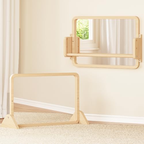 Image of Woodtoe 3-in-1 Montessori Mirror with Bar, Adjustable Toddler Mirror & Pull Up Bar, Montessori Learning Toy for Baby 6-18 Months, Nursery Mirrors, Natural Wood Furniture for Daycare, Kids Classroom