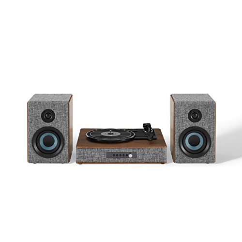 Crosley CR7020A-GY Aria 3-Speed Bluetooth Turntable and FM Radio Shelf System with Matching Stereo Speakers, Gray