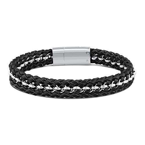 Reeds Men's Woven Stainless Steel and Black Leather Bracelet