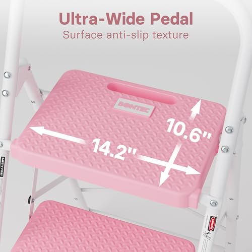 Image of BONTEC 3-Step Ladder, Folding Step Stool, 600lbs Max Load Capacity, Pink