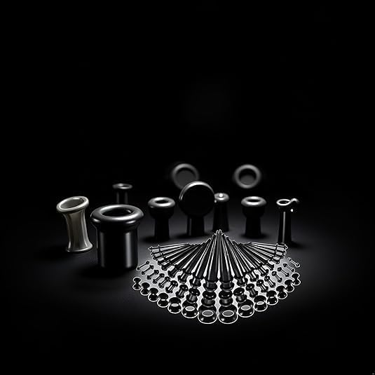 50Pcs Black Pieces Ear Stretching Kit, Acrylic Tapers Plugs and Silicone Tunnels, Ear Gauges Expander Set Body Piercing Jewelry for Women Men Christmas Birthday Gifts Piercing Jewelry