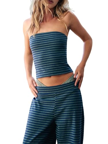 Haut tube rayé et pantalon assortis ensemble d'été fluide rayures bleues M
