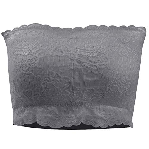 Plusfeel Bandeau Bra for Women, Lace Bralette Tube Top Strapless Wireless Removable Padded Basic Layer Lace Bra, Lace Gray, 1 Pack, XX-Large