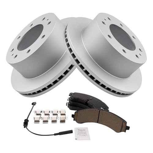 Image of TRQ Rear Brake Pad & Rotor Kit Ceramic Premium G-Coated Compatible with 2020-2022 Chevrolet Silverado 2500 HD Silverado 3500 HD GMC Sierra 2500 HD Sierra 3500 HD