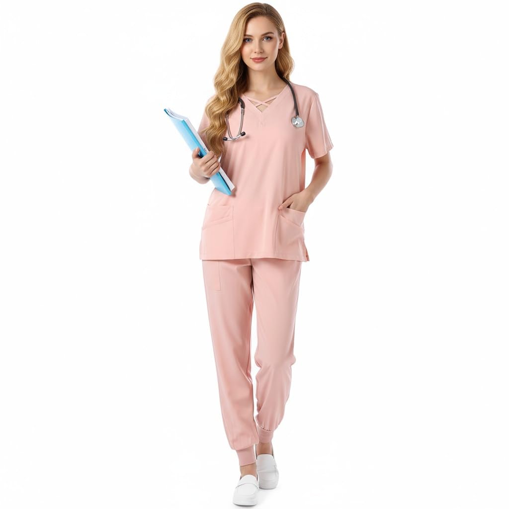 Conjunto de uniformes de enfermera para mujer Cuello redondo elástico Top Secado rápido Drawstring Yoga Jogging Pantalones Slim Fit Médico Ropa de trabajo DK53