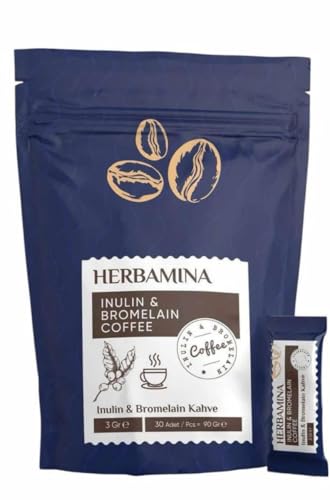 Herbamina Inulin ve bromelainli kahve 30 porsiyon torbası her biri 3 g katkı maddeleri ile kahve içeceği 90 g toplam ağırlık